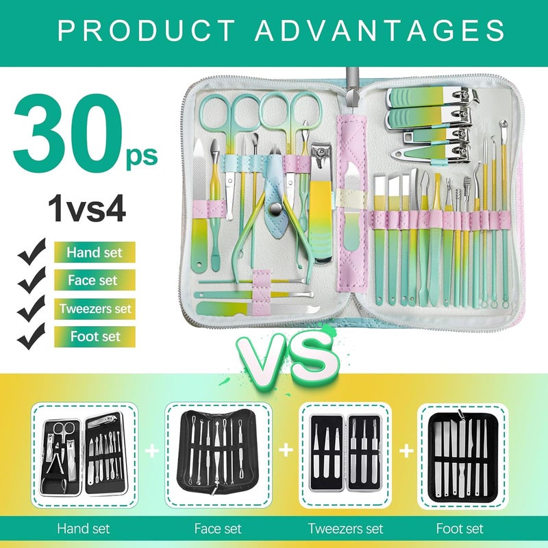 Red Flow Manicure Set 30 in 1 Nail Clippers Set,Nail Manicure Kit for Women, Toenail Clippers,Pedicure Kit,Pedicure Tools,Suitable for Travel Manicure Tools,Toe Nail Kit,Nail Care Kit(Yellow Green) - Image 2